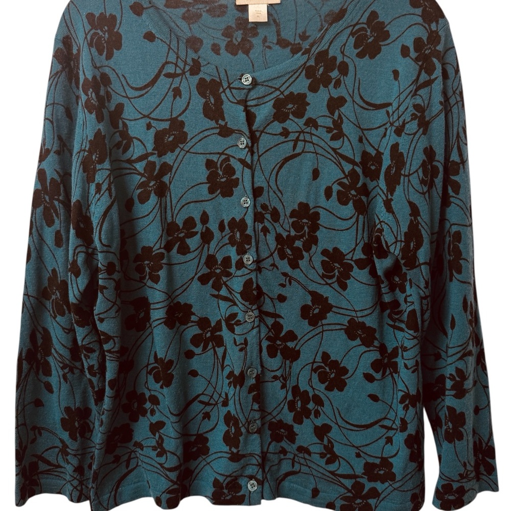 Garnet Hill Teal & Black Floral Button-Front Cardigan, Soft & Light, 3/4 sleeve
